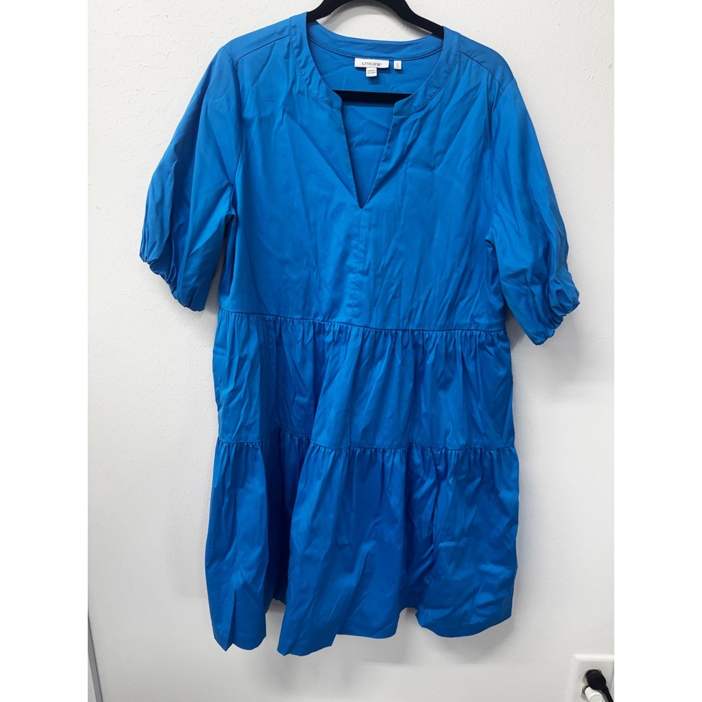 Chico's NWOT Blue Poplin Puff Sleeve Tiered Dress Pockets US 12 - Picture 10 of 10